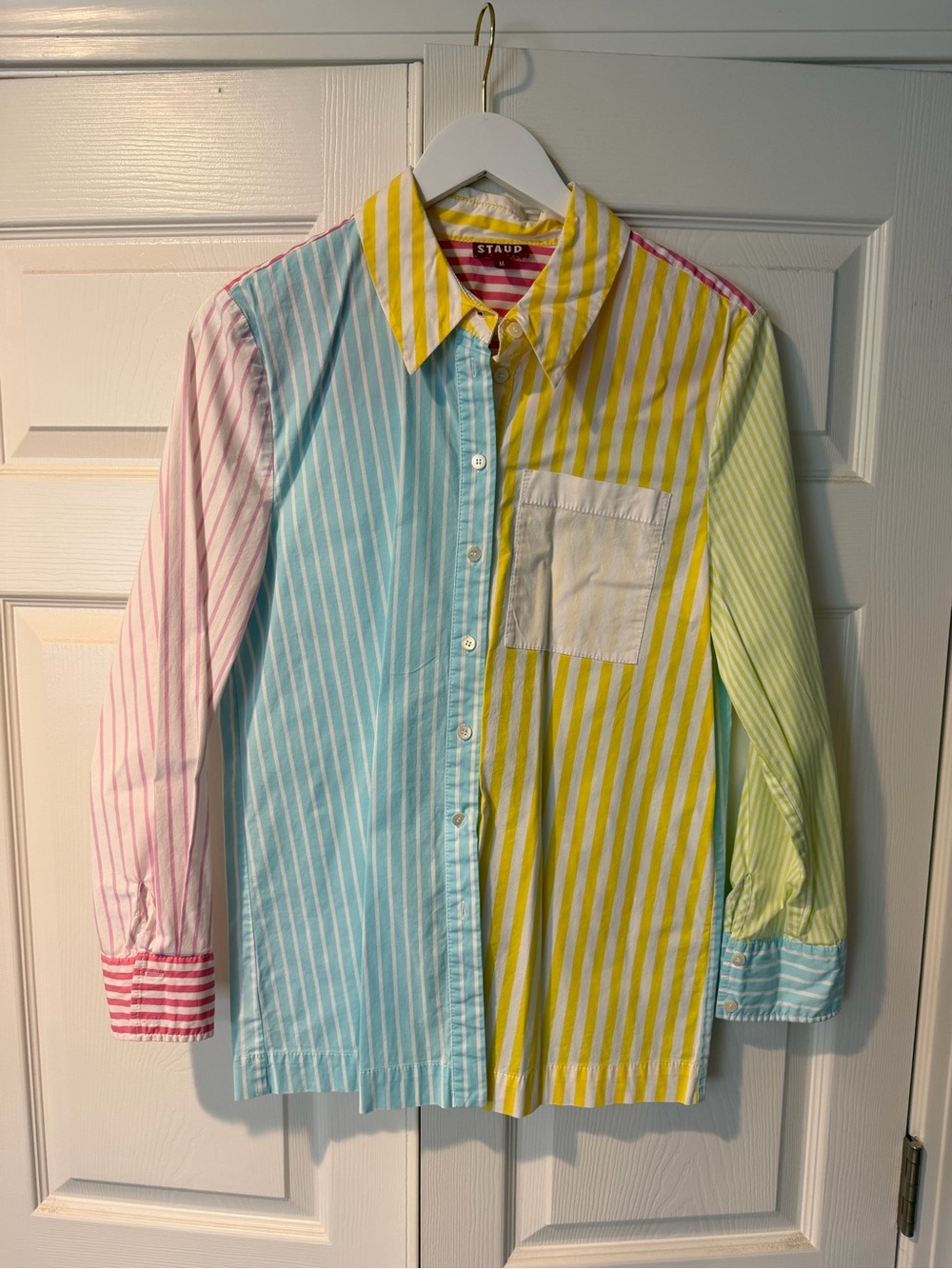 STAUD Pastel Multi-Stripe Button-Down Shirt in Blue, Yellow, Pink, Green, White